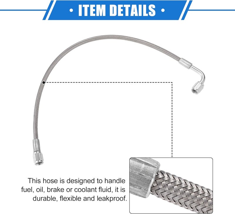 VekAuto AN3 Braided Steel Turbo Oil Feed Line 90 Degree to Straight Hose End, 16" Remote Turbocharger Oil Drain Return Line Universal for Car Durable Stainless Steel PTFE Silver Tone - Image 5